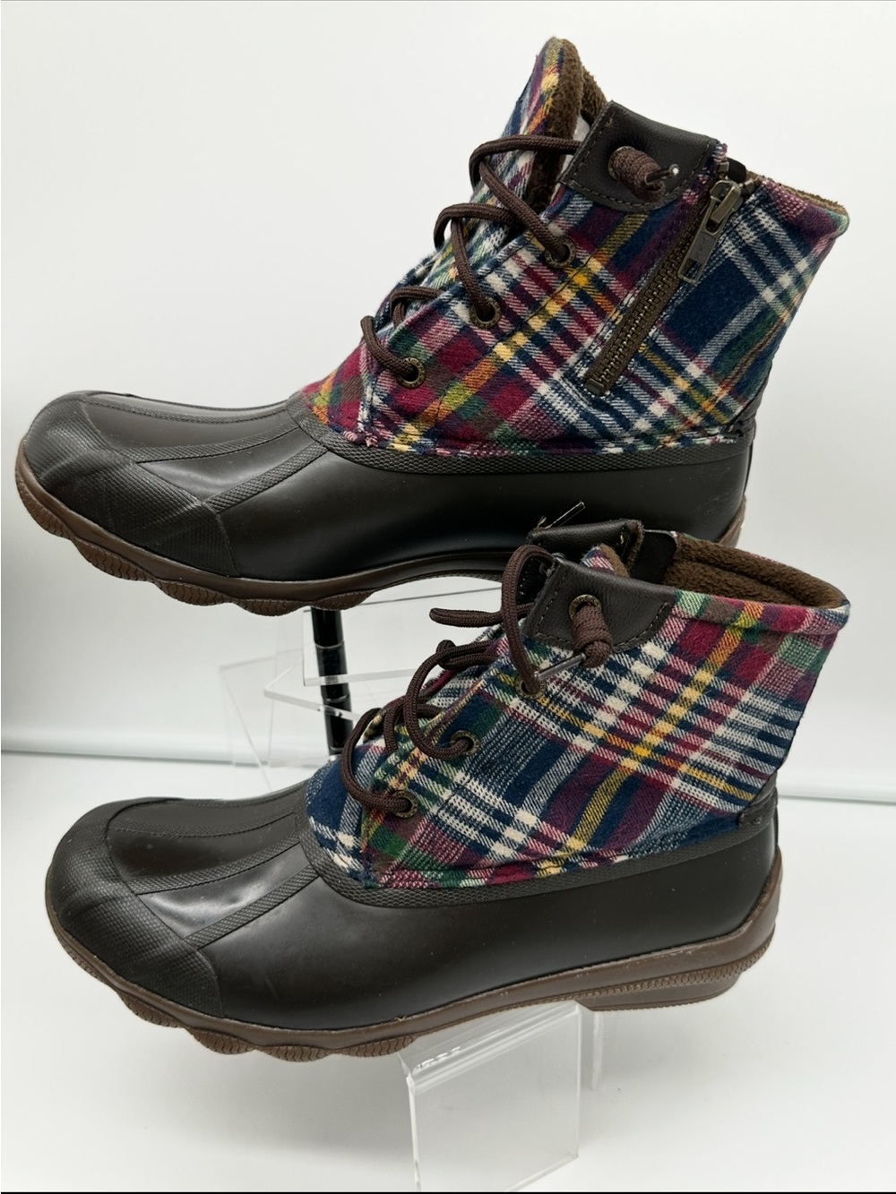 Sperry Plaid Lace-Up Quilted Wool Duck Boots 7.5 Rain Snow Shoes